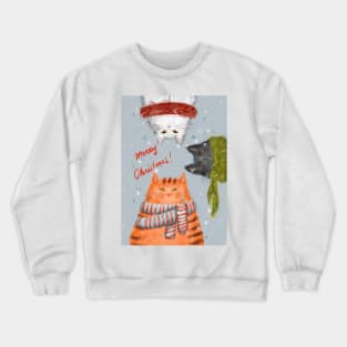 Merry Christmas greeting winter card with cute fluffy cats in red Santa hats and scarves. Crewneck Sweatshirt